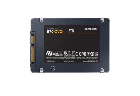 Samsung 870 QVO 8TB SSD solid state drive with SATA connector and regulatory markings visible