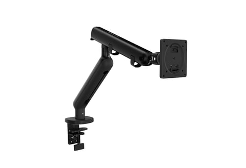 Black adjustable monitor arm mount with clamp base and articulating joint for desk mounting