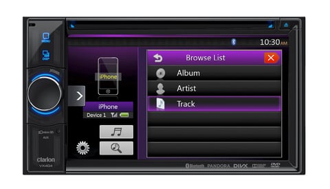 Clarion car stereo head unit displaying Browse List menu with Album, Artist, and Track options