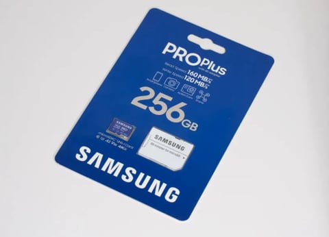 Samsung PRO Plus 256GB microSD card packaging with blue backing and product specifications