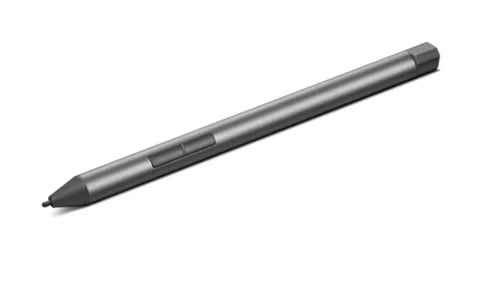 Gray stylus pen with rubberized grip and pointed tip on white background