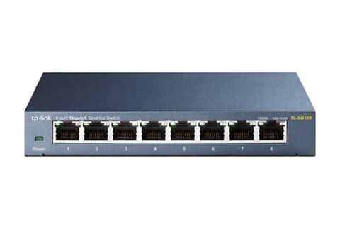 TP-Link 8-port Gigabit network switch with black ethernet ports on gray metal chassis