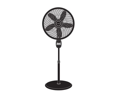 Black pedestal fan with circular metal grille and adjustable stand isolated on white background