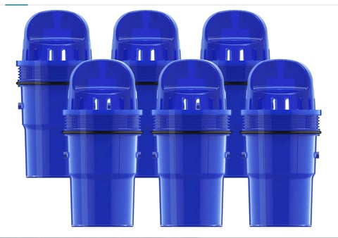 Six blue water filter pitchers arranged in two rows against a white background
