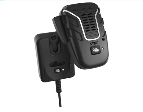 Black car air vent mount phone holder with sync button and charging cable attached