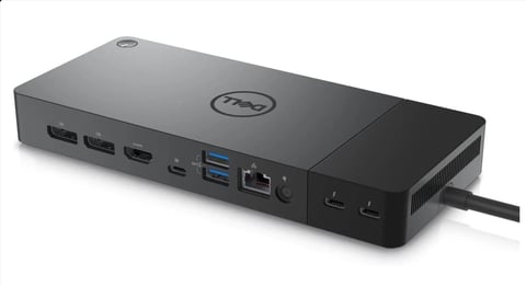 Dell docking station with multiple USB ports, HDMI outputs, and Ethernet connection on white background