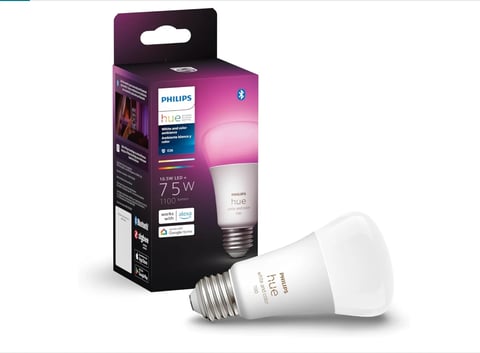 Philips Hue smart LED bulb with packaging box displaying Bluetooth connectivity and 75W equivalent power specifications