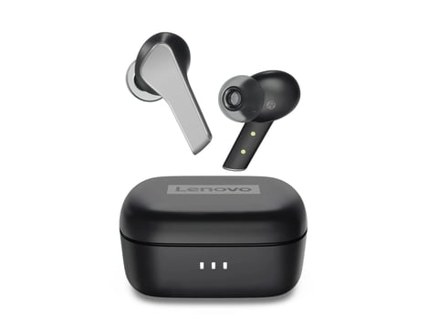 Lenovo wireless earbuds in black with charging case, featuring two earpieces and status indicator lights
