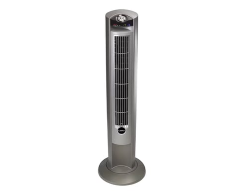 Tall cylindrical tower fan with vertical slats, gray finish, and round base for home cooling.