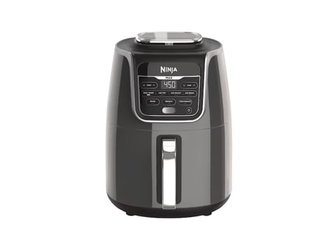 Ninja black air fryer with digital display, white stripe detail, and control panel on white background