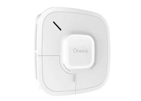 White Onelink smart home smoke and carbon monoxide detector device on white background