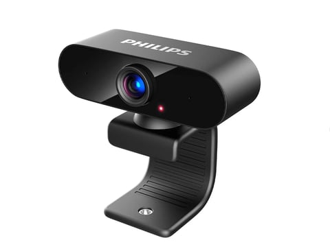 Philips black webcam with wide lens and adjustable stand mount for video conferencing