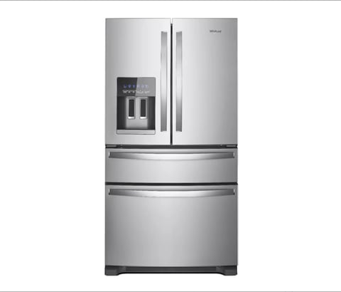 Stainless steel Whirlpool French door refrigerator with ice and water dispenser on front panel