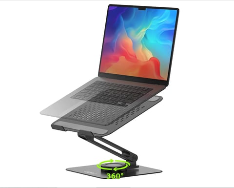 Laptop on adjustable black stand with colorful display, shown at an angle with 360-degree rotation base