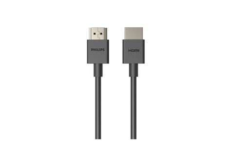 Two black HDMI cables with connectors labeled Philips and HDMI against a white background