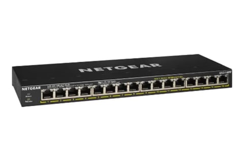 Netgear black network switch with 16 ethernet ports arranged in a row on a white background