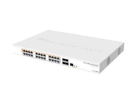 White network switch with multiple Ethernet ports and SFP slots viewed from an angled perspective