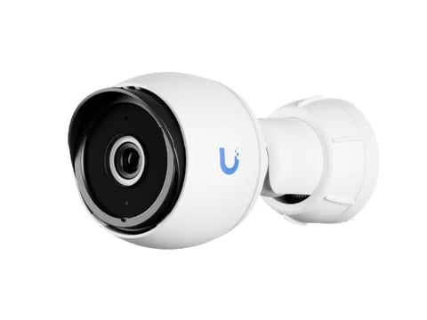 White outdoor security camera with black lens and blue Ubiquiti logo on white background