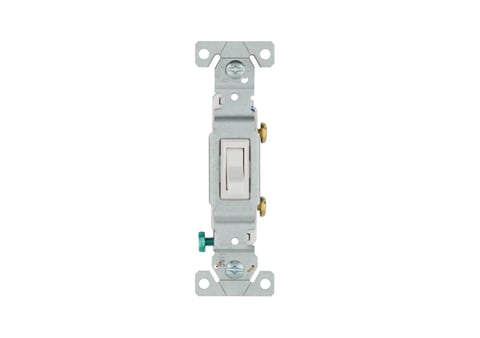 Single-pole wall switch with white toggle, brass terminals, and mounting ears for electrical installation