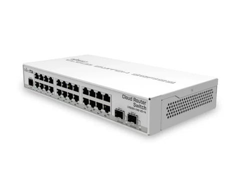 White network switch with multiple ethernet ports, viewed from an angled perspective