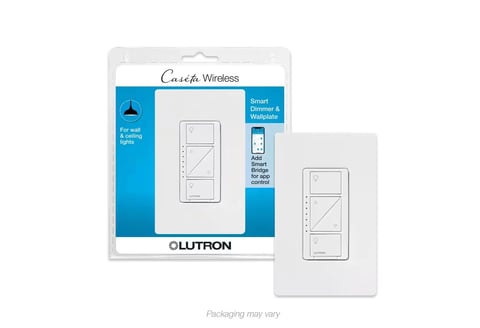 Lutron Caseta Wireless dimmer switch showing packaging and product with remote control capabilities