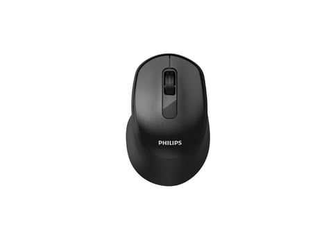 Black Philips wireless computer mouse with ergonomic design on white background