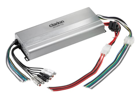 Clarion car amplifier with silver aluminum casing and attached wiring harness in multiple colors