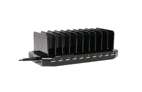 Multi-device charging dock with multiple USB ports holding nine smartphones arranged in a row