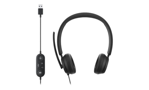 Black wired headphones with padded ear cups and attached in-line remote control with USB connector