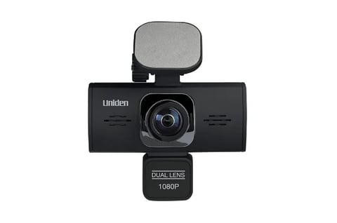Uniden dual-channel dashcam with front and rear 1080p cameras and microphone mounted on top