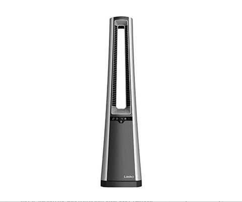Tall tower-shaped air purifier with dark gray body, vertical air intake grille, and digital display panel