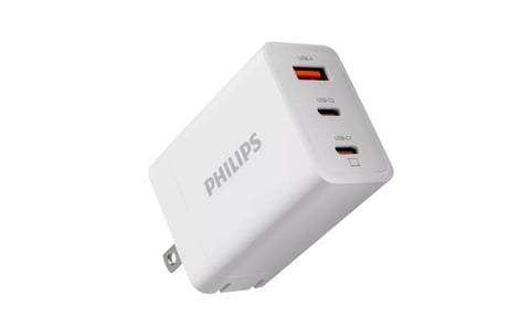 White Philips USB power adapter with multiple charging ports on a white background