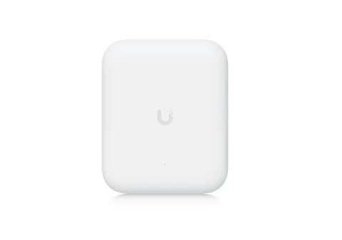 White square wireless access point with rounded corners and Ubiquiti logo on front