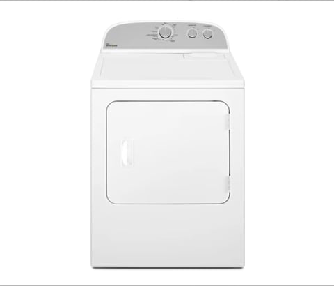 White front-load electric dryer with gray control panel and rounded door handle on white background