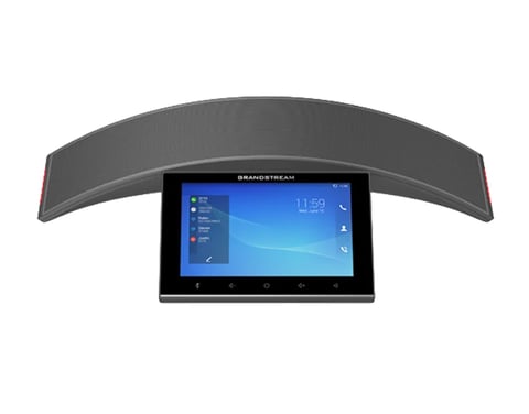 Grandstream video conference phone with curved gray speaker bar and touchscreen display showing time and settings menu
