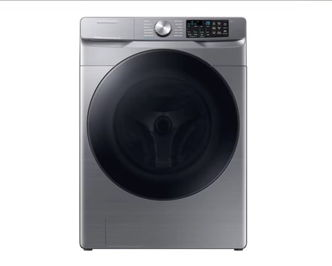 Gray front-load washing machine with black drum, digital control panel, and stainless steel finish