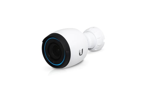 Ubiquiti white security camera with blue-ringed lens and adjustable mount on white background